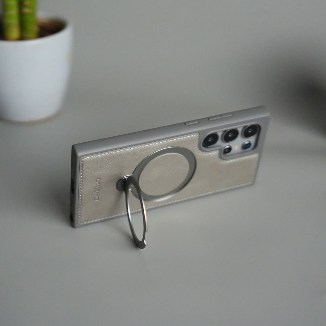 Galaxy S24 Ultra Leather Case | Luxury Metal Ring Stand Back Cover | Shockproof Protective Case