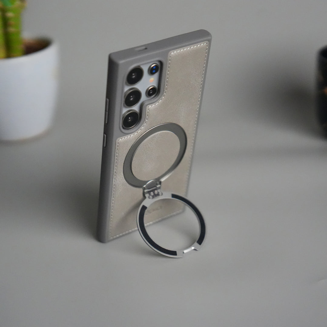 Galaxy S24 Ultra Leather Case | Luxury Metal Ring Stand Back Cover | Shockproof Protective Case