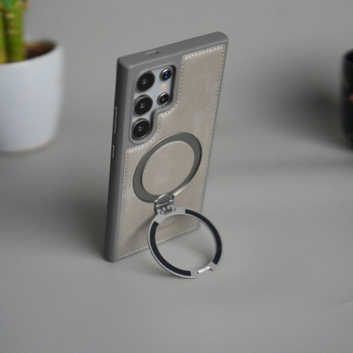 Galaxy S24 Ultra Leather Case | Luxury Metal Ring Stand Back Cover | Shockproof Protective Case