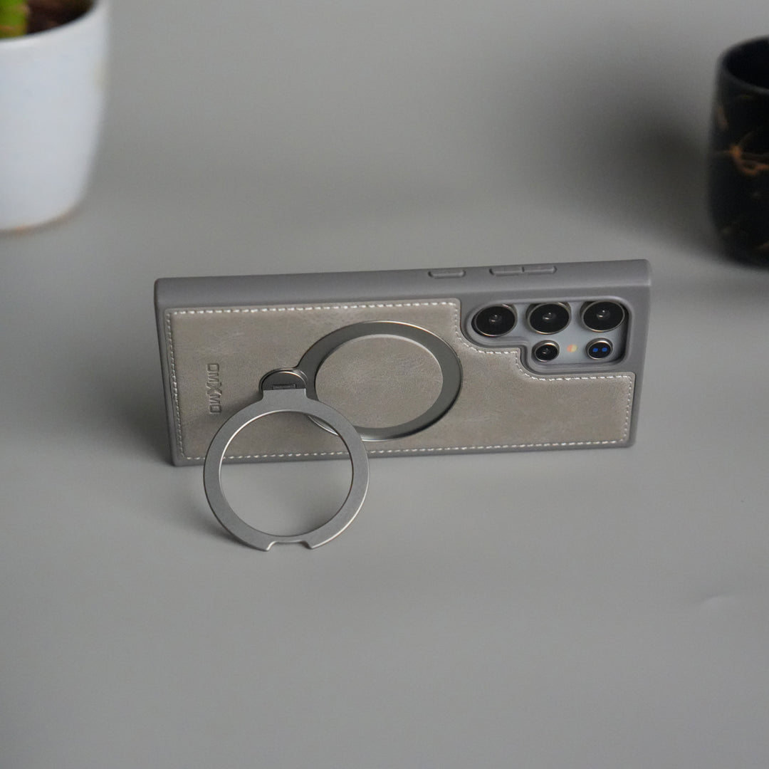 Galaxy S24 Ultra Leather Case | Luxury Metal Ring Stand Back Cover | Shockproof Protective Case