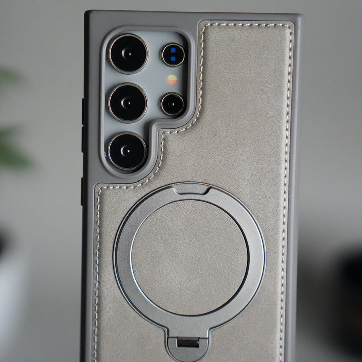 Galaxy S24 Ultra Leather Case | Luxury Metal Ring Stand Back Cover | Shockproof Protective Case