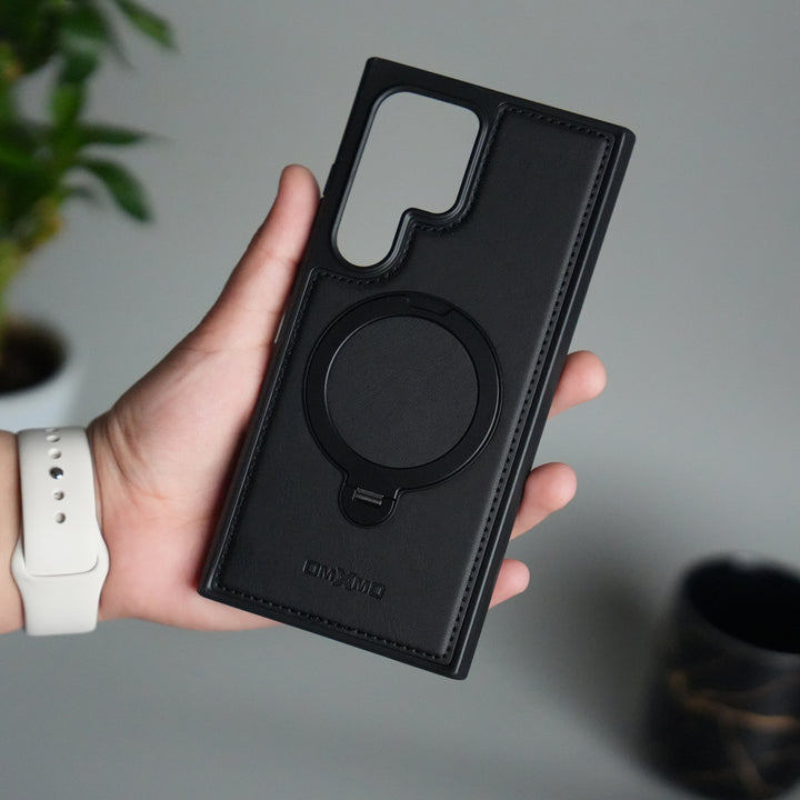 Galaxy S24 Ultra Leather Case | Luxury Metal Ring Stand Back Cover | Shockproof Protective Case