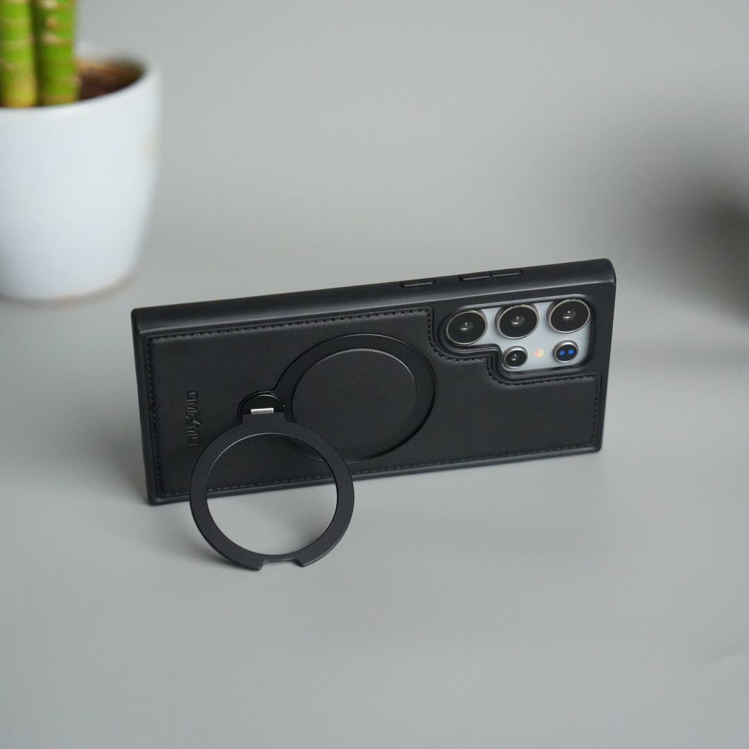 Galaxy S24 Ultra Leather Case | Luxury Metal Ring Stand Back Cover | Shockproof Protective Case