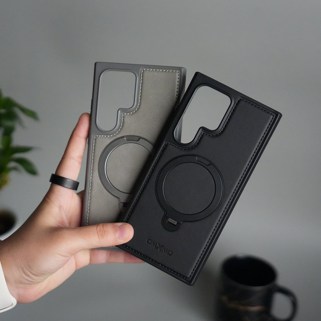 Galaxy S24 Ultra Leather Case | Luxury Metal Ring Stand Back Cover | Shockproof Protective Case