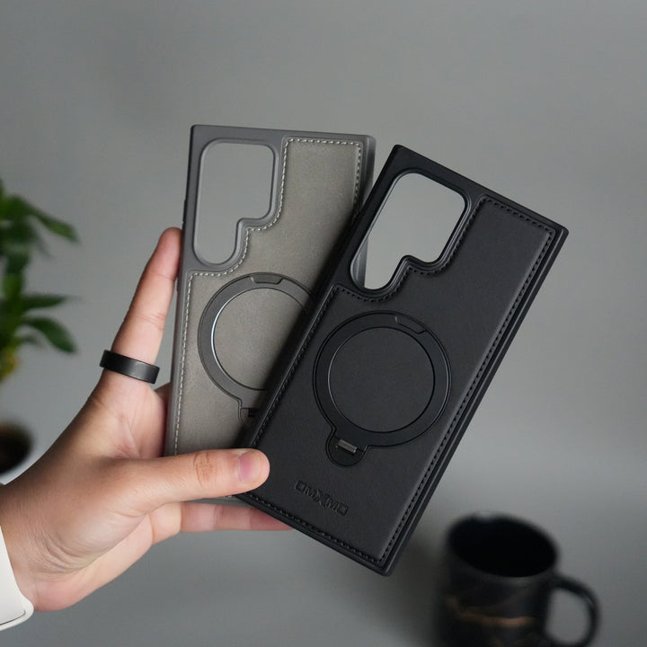 Galaxy S24 Ultra Leather Case | Luxury Metal Ring Stand Back Cover | Shockproof Protective Case