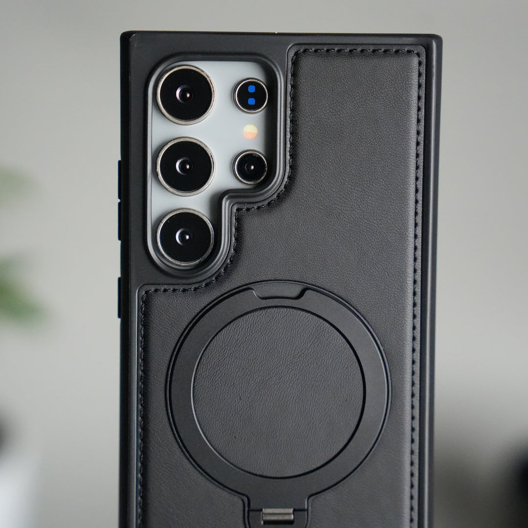 Galaxy S24 Ultra Leather Case | Luxury Metal Ring Stand Back Cover | Shockproof Protective Case
