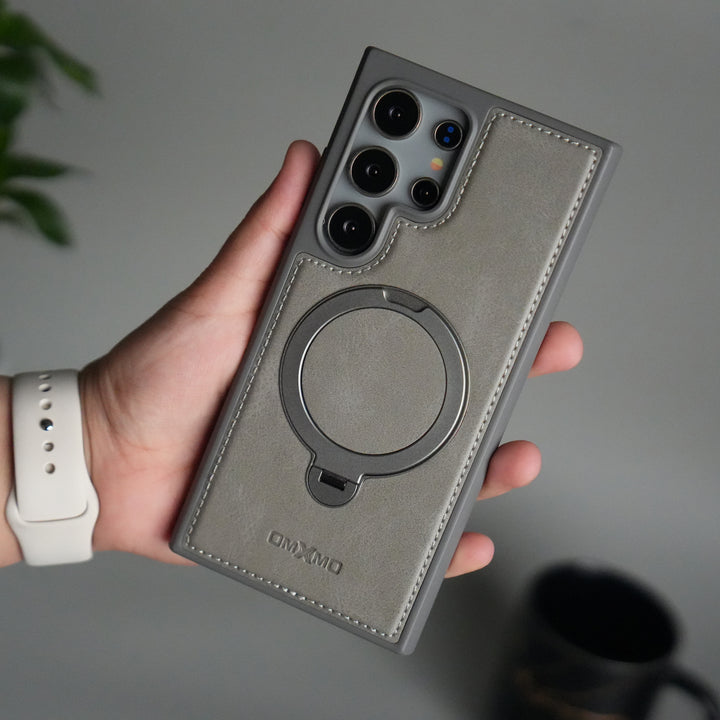 Galaxy S24 Ultra Leather Case | Luxury Metal Ring Stand Back Cover | Shockproof Protective Case