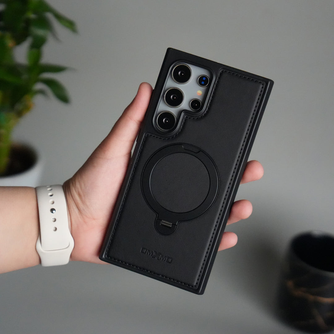 Galaxy S24 Ultra Leather Case | Luxury Metal Ring Stand Back Cover | Shockproof Protective Case