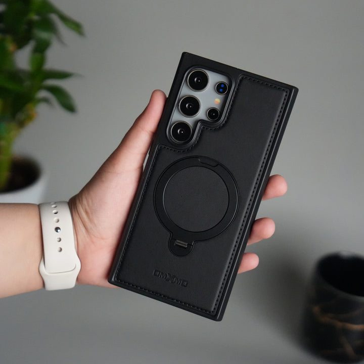 Galaxy S24 Ultra Leather Case | Luxury Metal Ring Stand Back Cover | Shockproof Protective Case