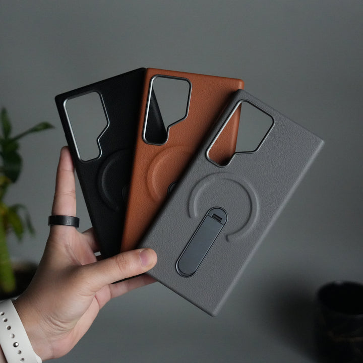 Galaxy S24 Ultra Premium Leather-Texture Back Case with Metal Kickstand | Shockproof Cover