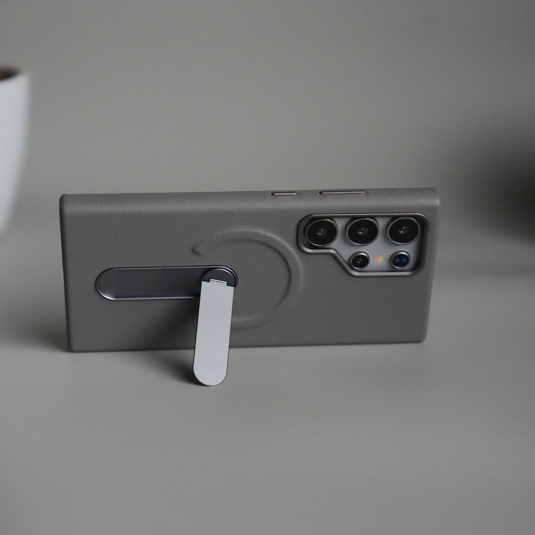 Galaxy S24 Ultra Premium Leather-Texture Back Case with Metal Kickstand | Shockproof Cover