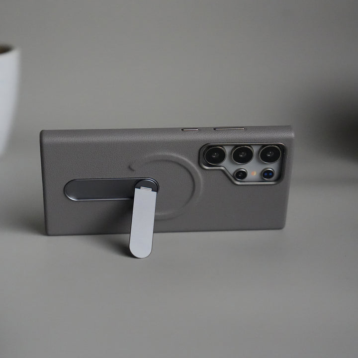 Galaxy S24 Ultra Premium Leather-Texture Back Case with Metal Kickstand | Shockproof Cover