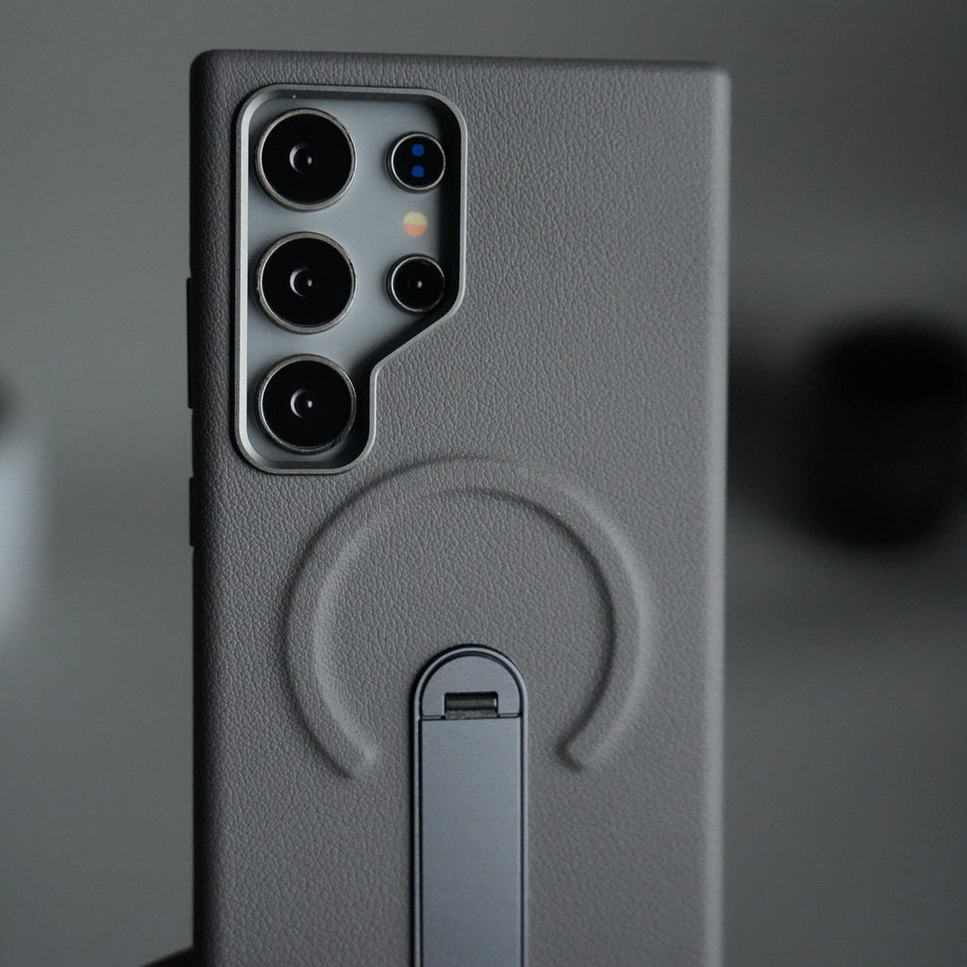 Galaxy S24 Ultra Premium Leather-Texture Back Case with Metal Kickstand | Shockproof Cover