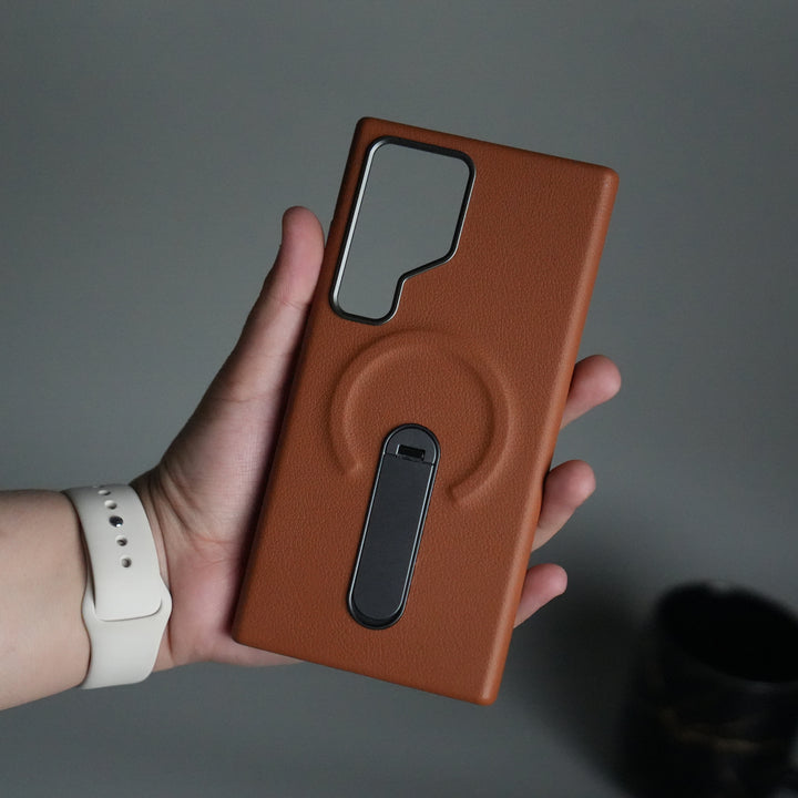 Galaxy S24 Ultra Premium Leather-Texture Back Case with Metal Kickstand | Shockproof Cover