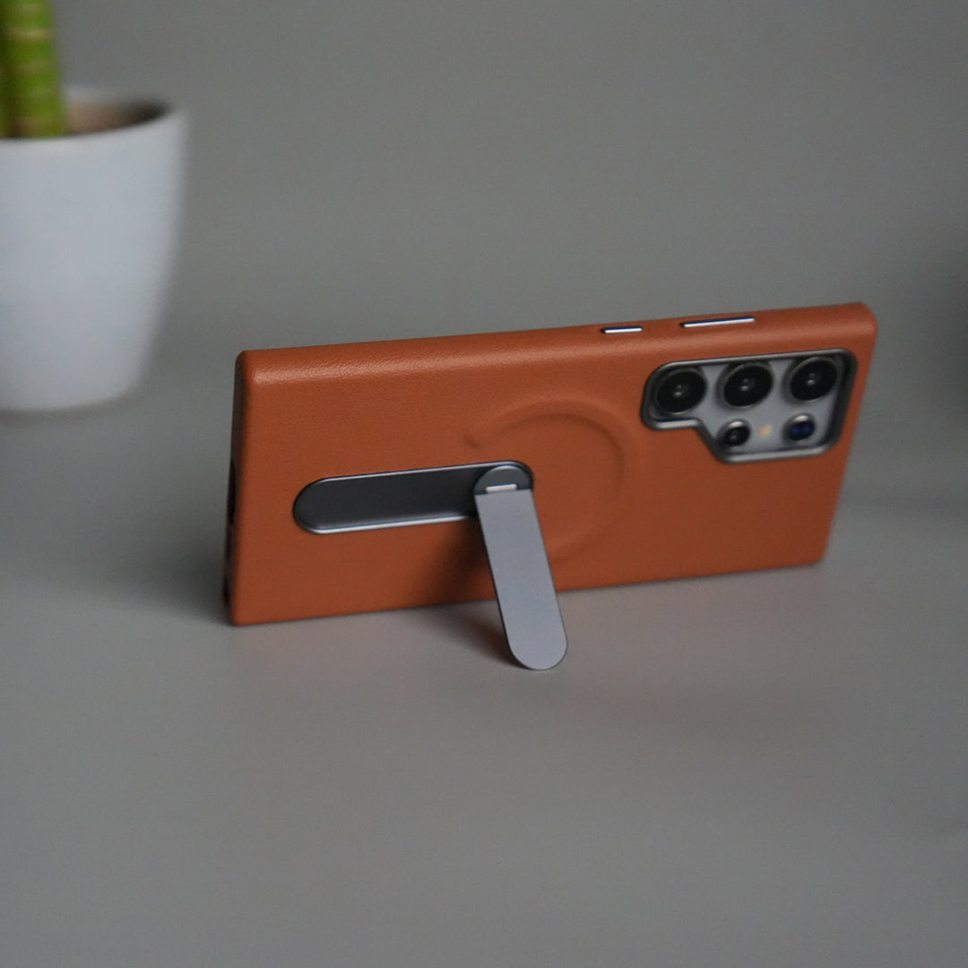 Galaxy S24 Ultra Premium Leather-Texture Back Case with Metal Kickstand | Shockproof Cover