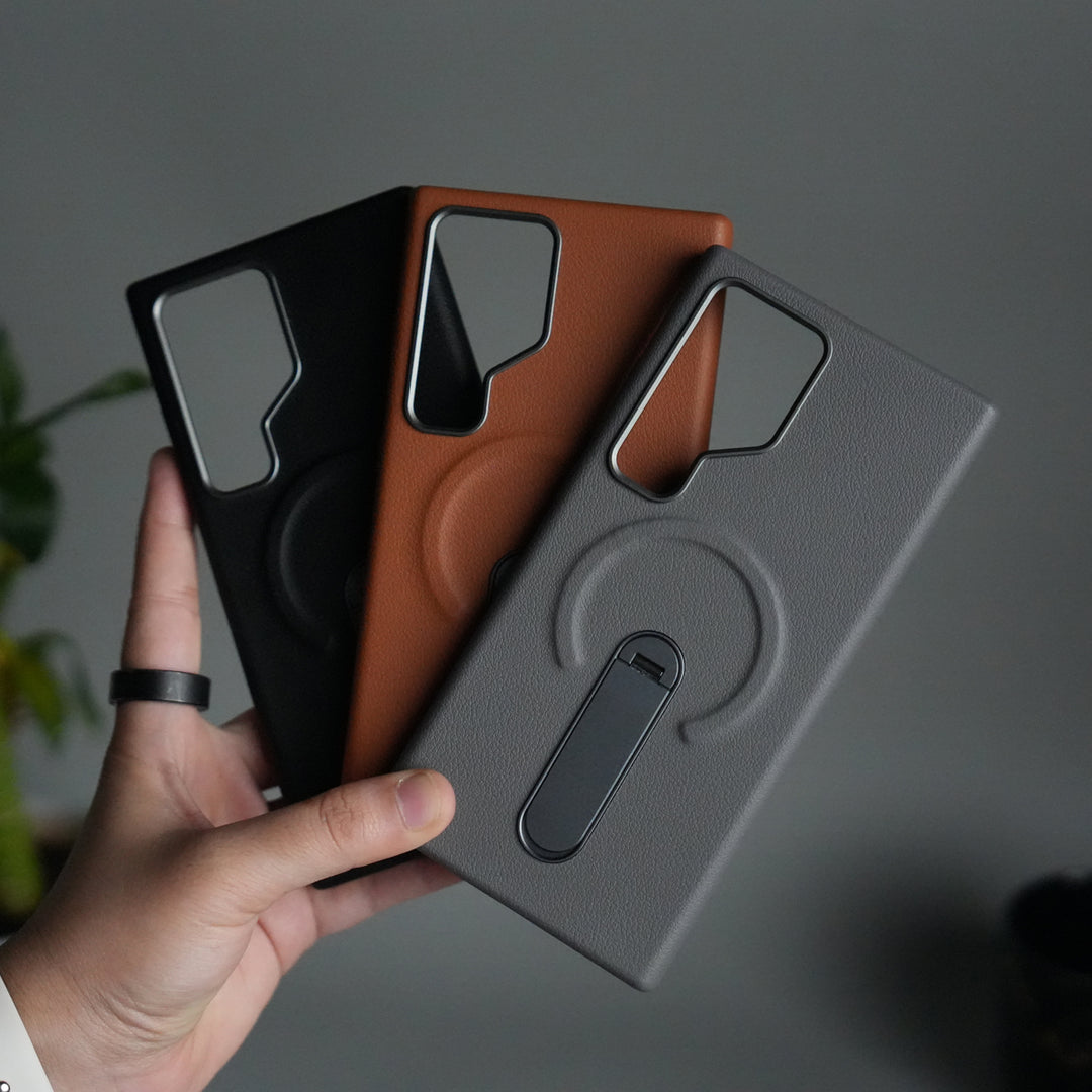 Galaxy S24 Ultra Premium Leather-Texture Back Case with Metal Kickstand | Shockproof Cover