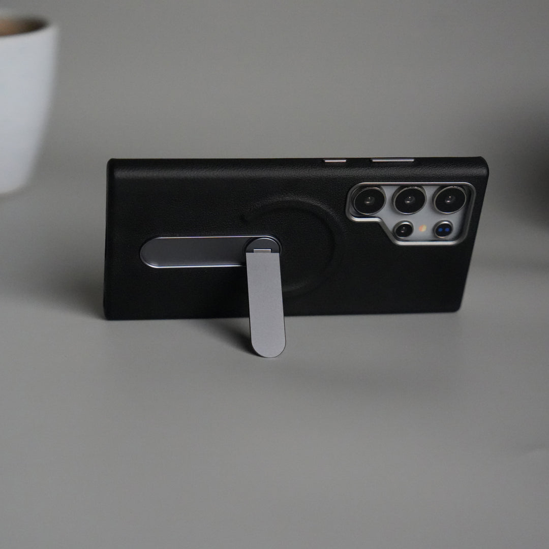 Galaxy S24 Ultra Premium Leather-Texture Back Case with Metal Kickstand | Shockproof Cover