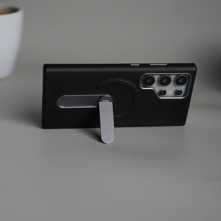 Galaxy S24 Ultra Premium Leather-Texture Back Case with Metal Kickstand | Shockproof Cover