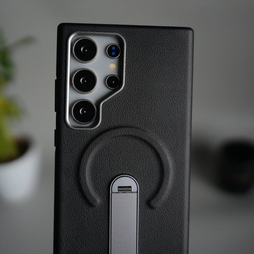 Galaxy S24 Ultra Premium Leather-Texture Back Case with Metal Kickstand | Shockproof Cover