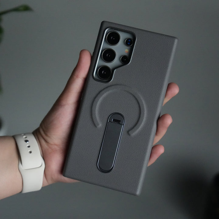 Galaxy S24 Ultra Premium Leather-Texture Back Case with Metal Kickstand | Shockproof Cover