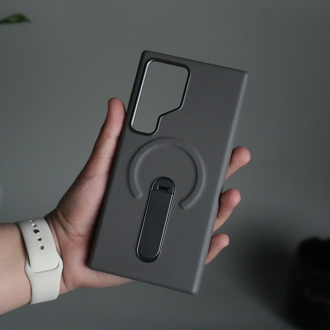 Galaxy S24 Ultra Premium Leather-Texture Back Case with Metal Kickstand | Shockproof Cover