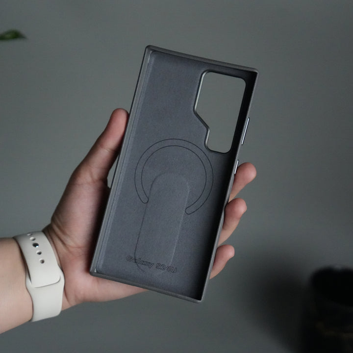 Galaxy S24 Ultra Premium Leather-Texture Back Case with Metal Kickstand | Shockproof Cover