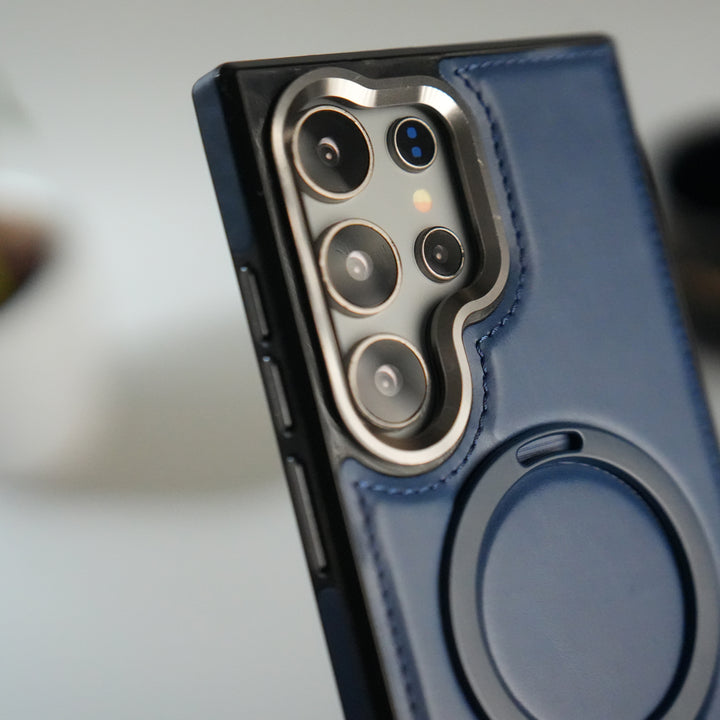 Galaxy S24 Ultra Premium PU Leather Case with Metal Kickstand | Metal Camera Bump | Luxury Shockproof Back Cover