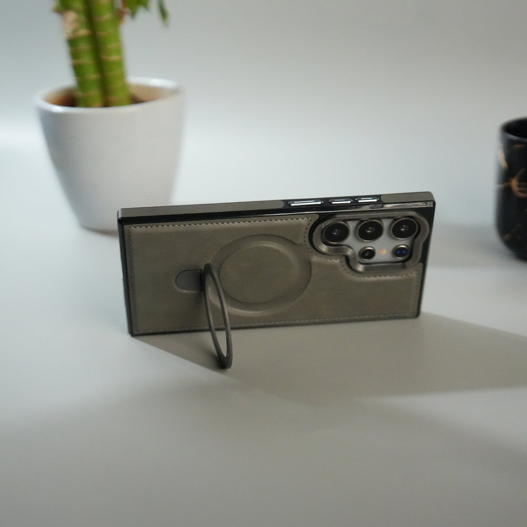 Galaxy S24 Ultra Premium PU Leather Case with Metal Kickstand | Metal Camera Bump | Luxury Shockproof Back Cover