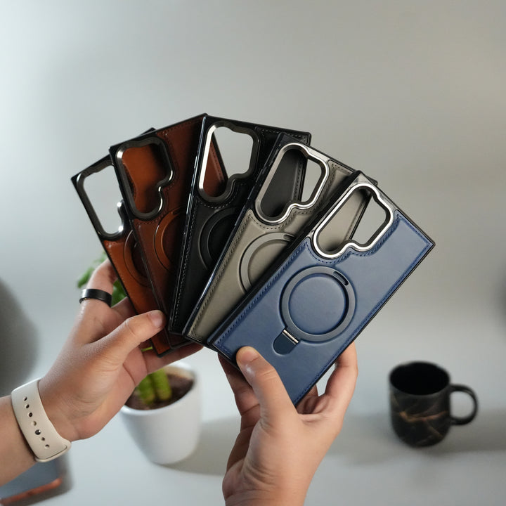 Galaxy S24 Ultra Premium PU Leather Case with Metal Kickstand | Metal Camera Bump | Luxury Shockproof Back Cover