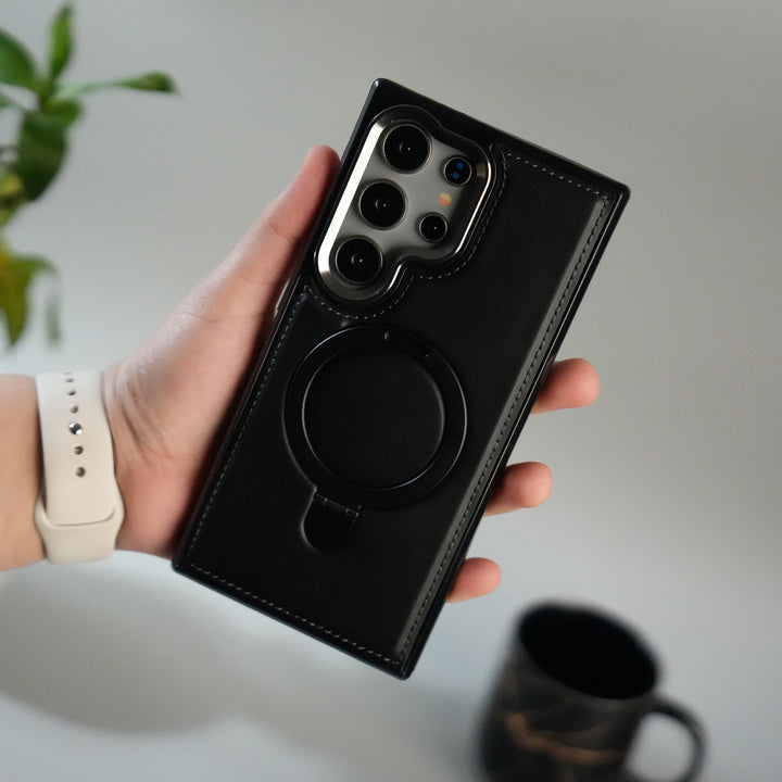 Galaxy S24 Ultra Premium PU Leather Case with Metal Kickstand | Metal Camera Bump | Luxury Shockproof Back Cover