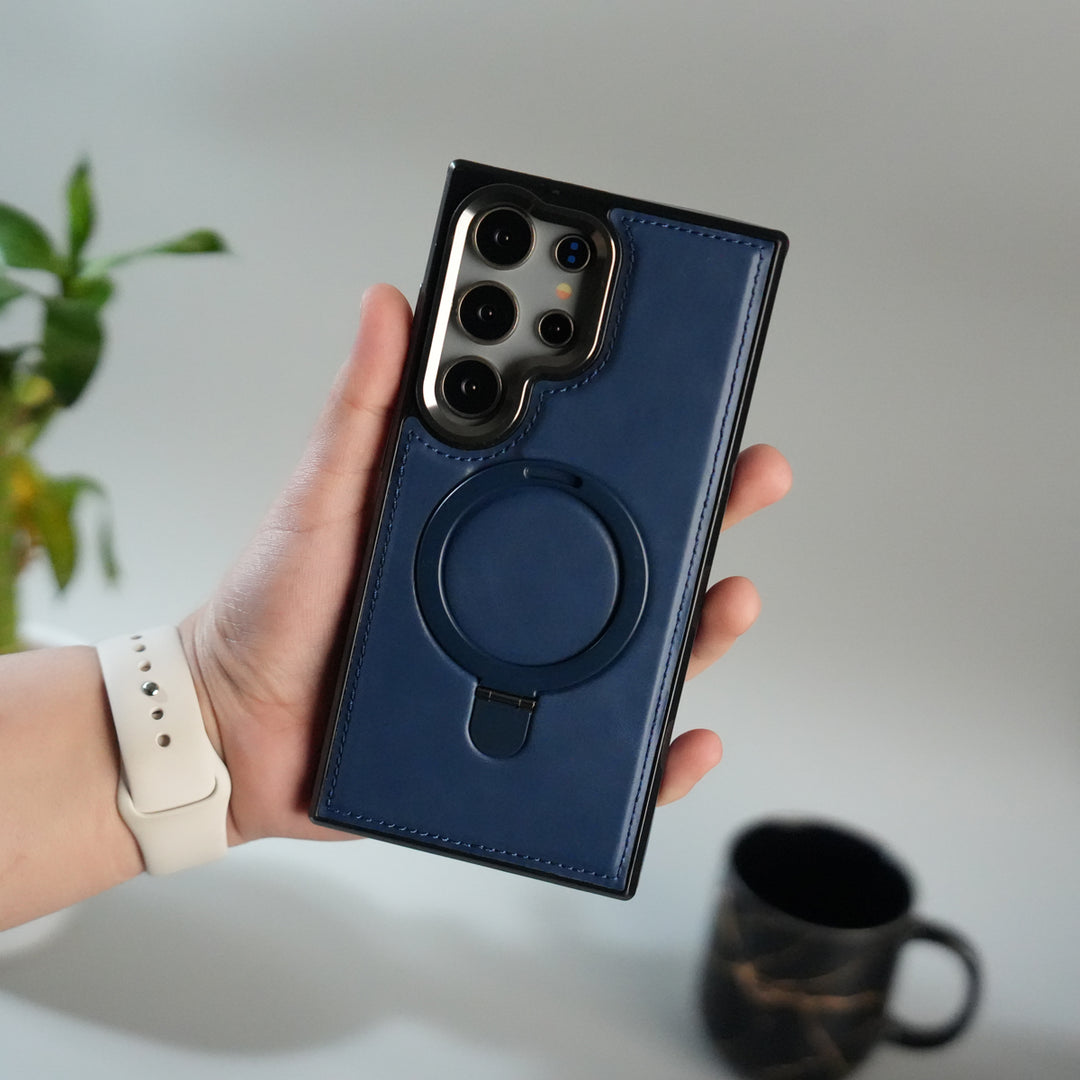 Galaxy S24 Ultra Premium PU Leather Case with Metal Kickstand | Metal Camera Bump | Luxury Shockproof Back Cover