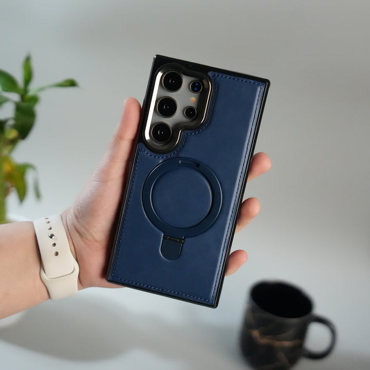 Galaxy S24 Ultra Premium PU Leather Case with Metal Kickstand | Metal Camera Bump | Luxury Shockproof Back Cover