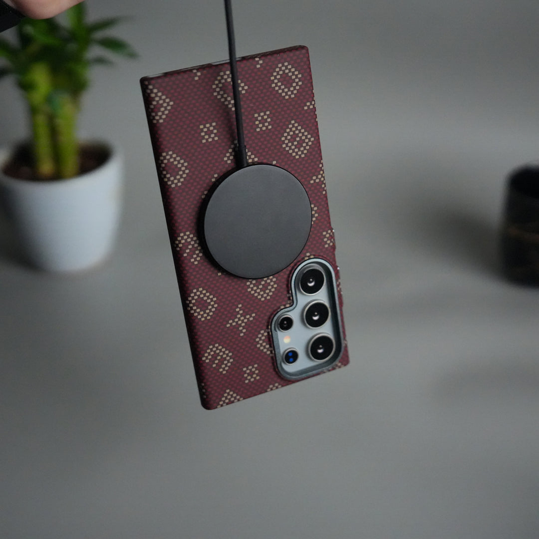 Galaxy S25 Ultra Aramid Fiber Case | Slim Magnetic Charging Ring Cover | Maroon
