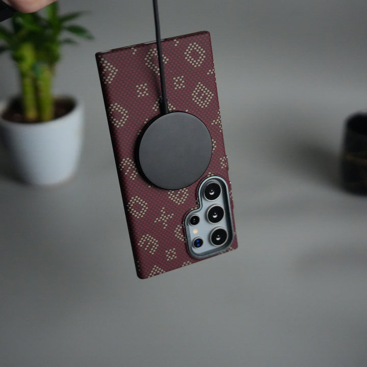 Galaxy S25 Ultra Aramid Fiber Case | Slim Magnetic Charging Ring Cover | Maroon