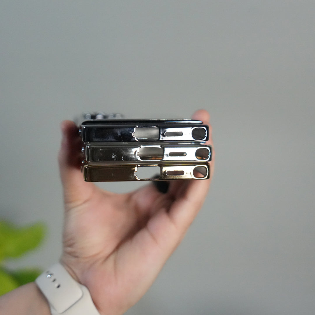 Galaxy S25 Ultra Chrome Plated Transparent Case with Built-in Kickstand | Metallic Frame | Slim Shockproof Cover