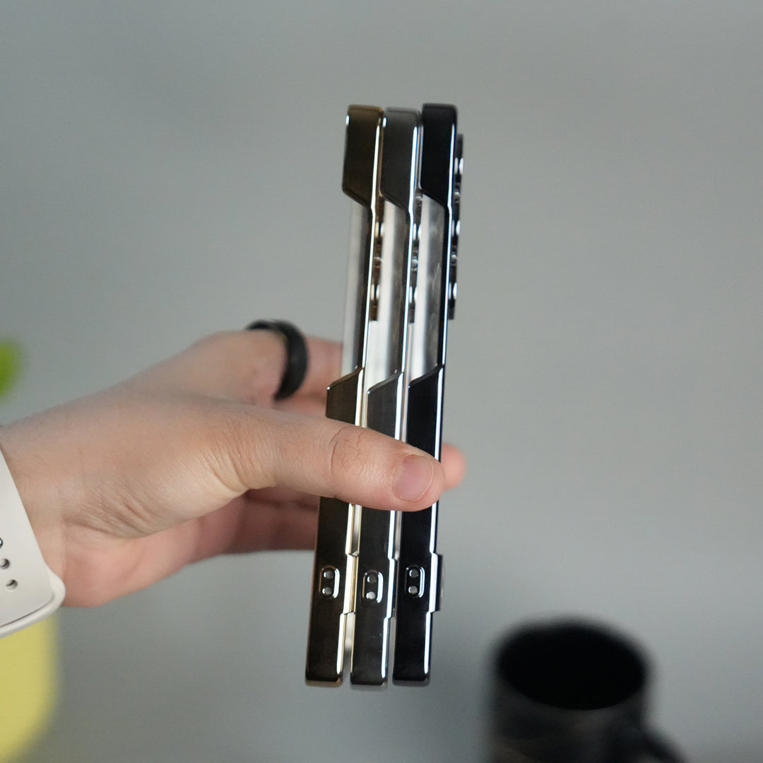 Galaxy S25 Ultra Chrome Plated Transparent Case with Built-in Kickstand | Metallic Frame | Slim Shockproof Cover