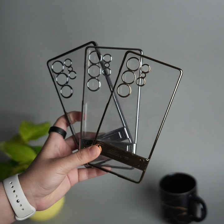 Galaxy S25 Ultra Chrome Plated Transparent Case with Built-in Kickstand | Metallic Frame | Slim Shockproof Cover