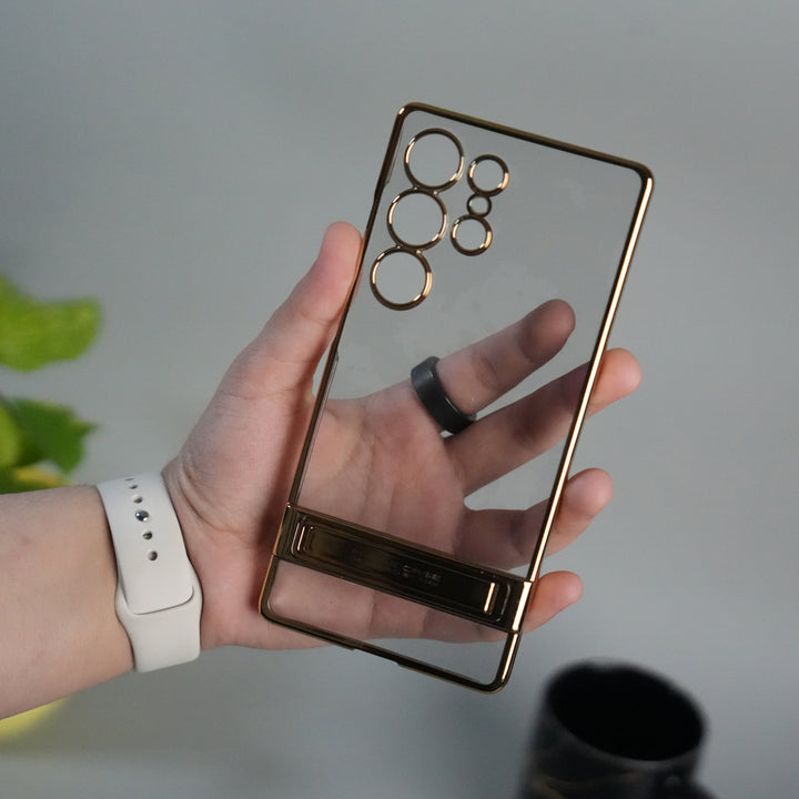 Galaxy S25 Ultra Chrome Plated Transparent Case with Built-in Kickstand | Metallic Frame | Slim Shockproof Cover