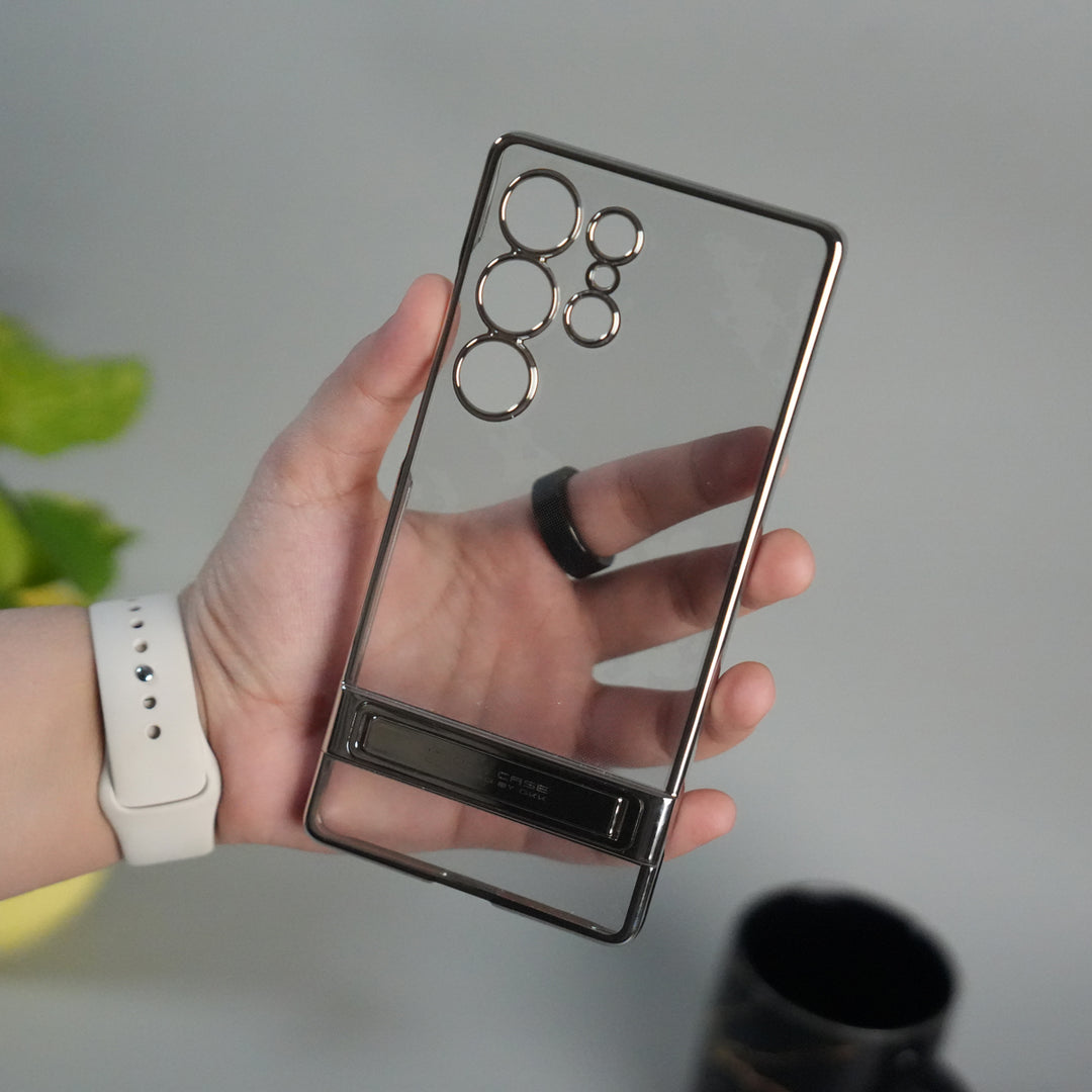 Galaxy S25 Ultra Chrome Plated Transparent Case with Built-in Kickstand | Metallic Frame | Slim Shockproof Cover