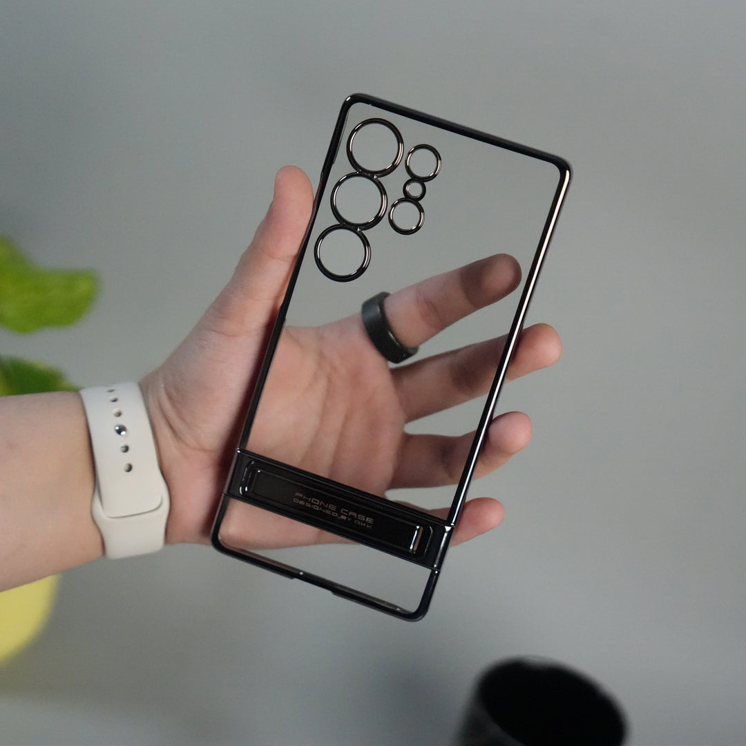 Galaxy S25 Ultra Chrome Plated Transparent Case with Built-in Kickstand | Metallic Frame | Slim Shockproof Cover