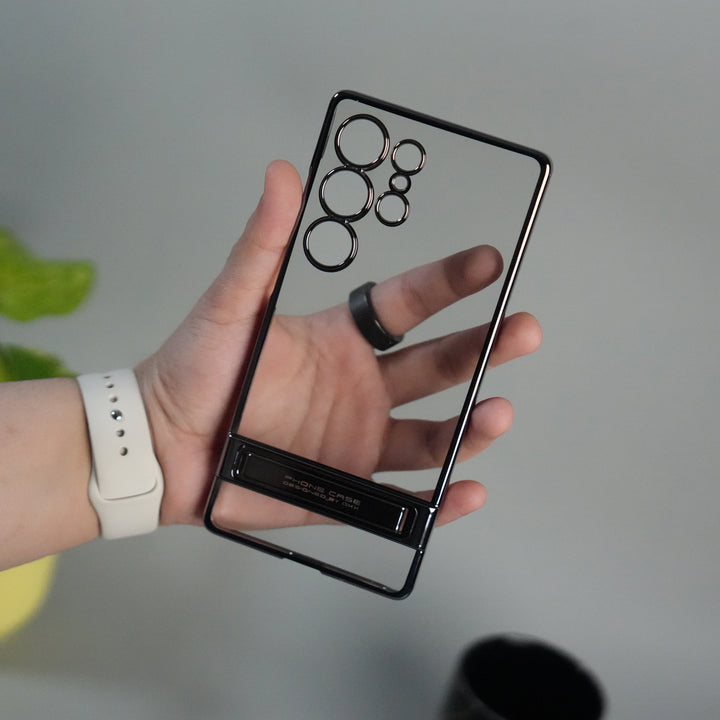 Galaxy S25 Ultra Chrome Plated Transparent Case with Built-in Kickstand | Metallic Frame | Slim Shockproof Cover