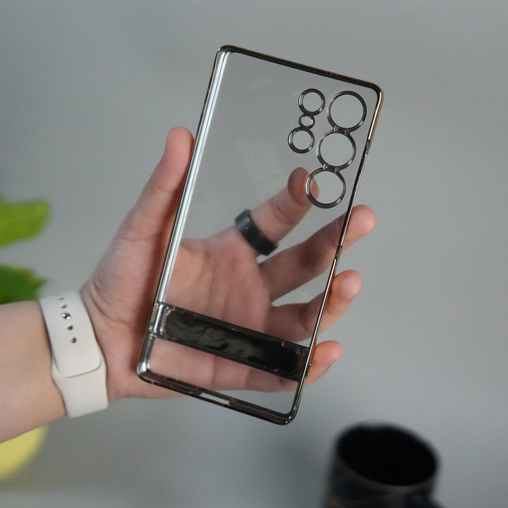 Galaxy S25 Ultra Chrome Plated Transparent Case with Built-in Kickstand | Metallic Frame | Slim Shockproof Cover