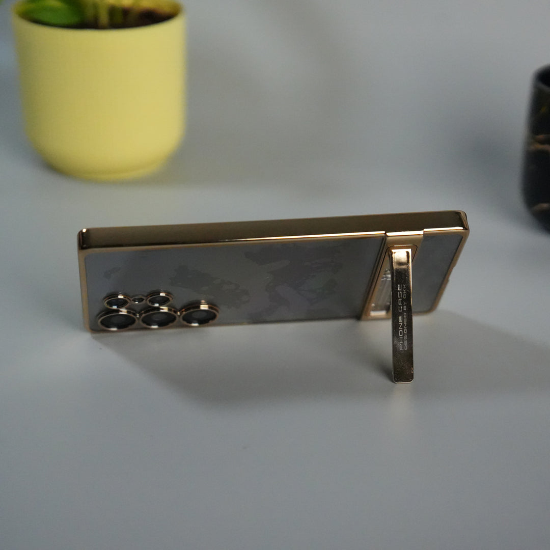 Galaxy S25 Ultra Chrome Plated Transparent Case with Built-in Kickstand | Metallic Frame | Slim Shockproof Cover