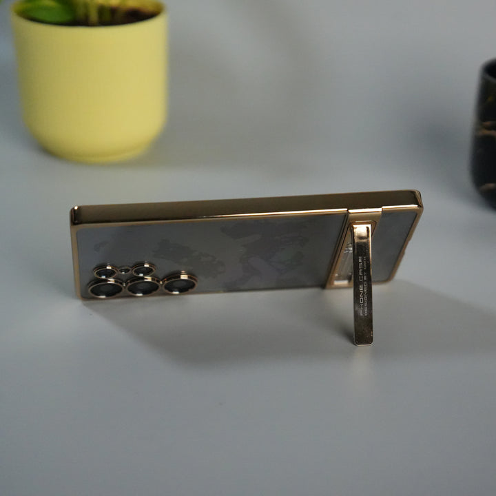 Galaxy S25 Ultra Chrome Plated Transparent Case with Built-in Kickstand | Metallic Frame | Slim Shockproof Cover