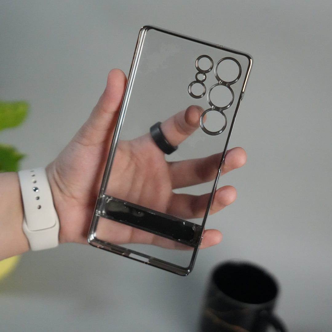 Galaxy S25 Ultra Chrome Plated Transparent Case with Built-in Kickstand | Metallic Frame | Slim Shockproof Cover