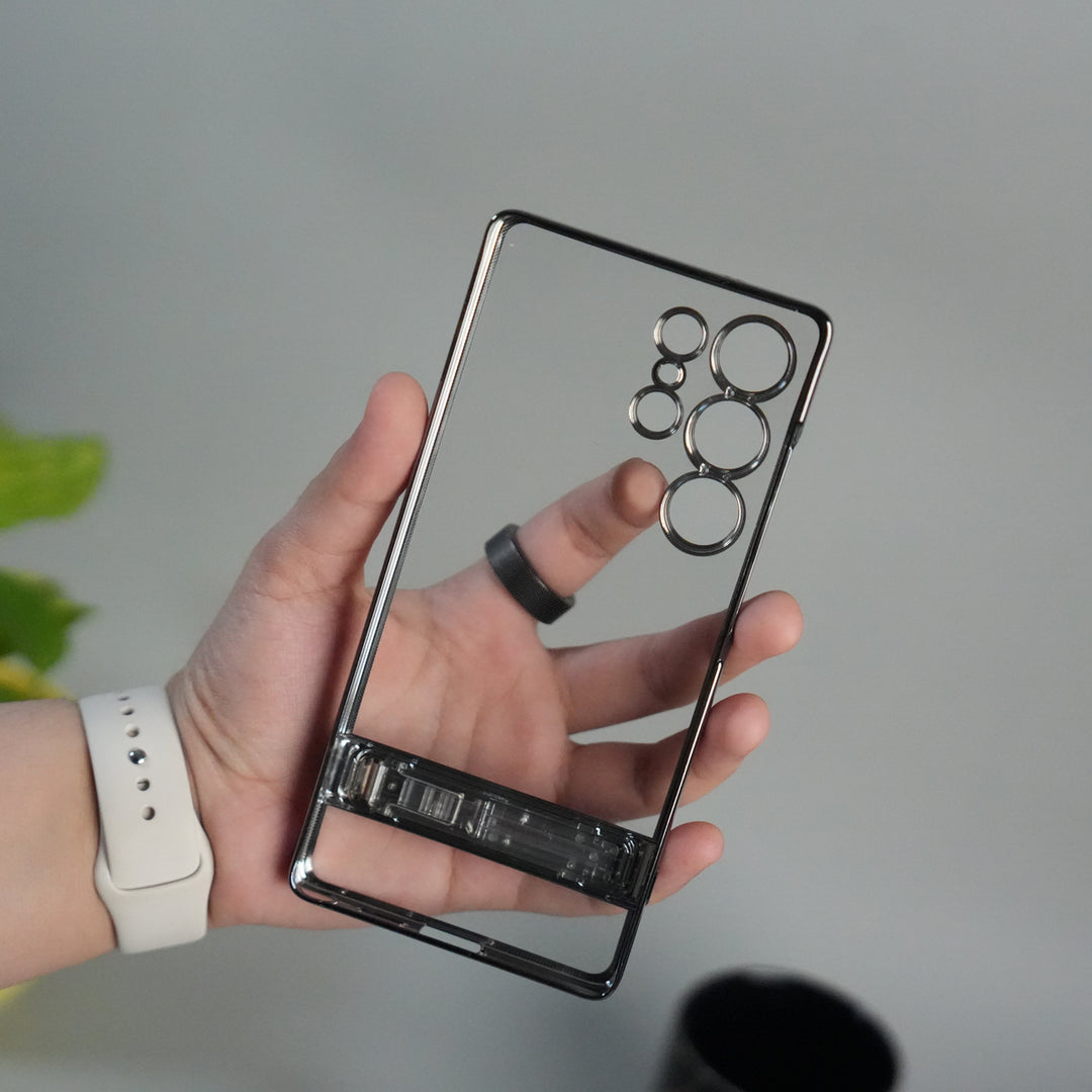 Galaxy S25 Ultra Chrome Plated Transparent Case with Built-in Kickstand | Metallic Frame | Slim Shockproof Cover