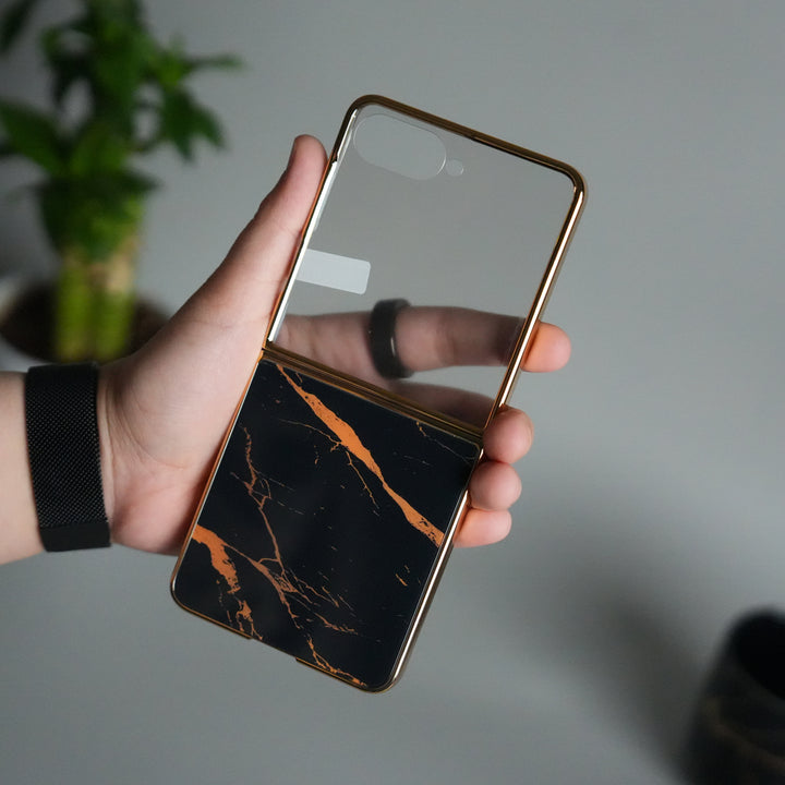 Galaxy Z Flip 7 Luxury Marble Glossy Glass Case | Gold Frame Front Glass Cover