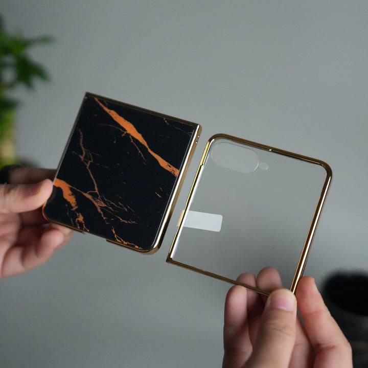 Galaxy Z Flip 7 Luxury Marble Glossy Glass Case | Gold Frame Front Glass Cover