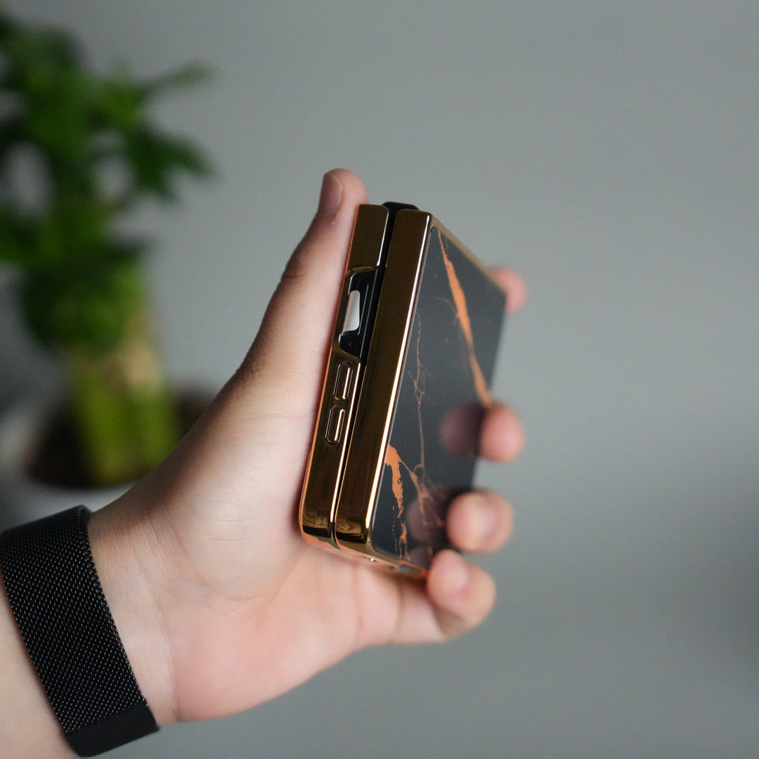 Galaxy Z Flip 7 Luxury Marble Glossy Glass Case | Gold Frame Front Glass Cover