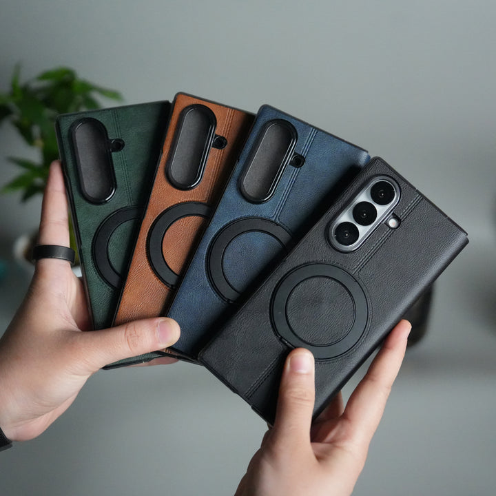 Galaxy Z Fold 5 Luxury Leather Rotating Ring Stand Case